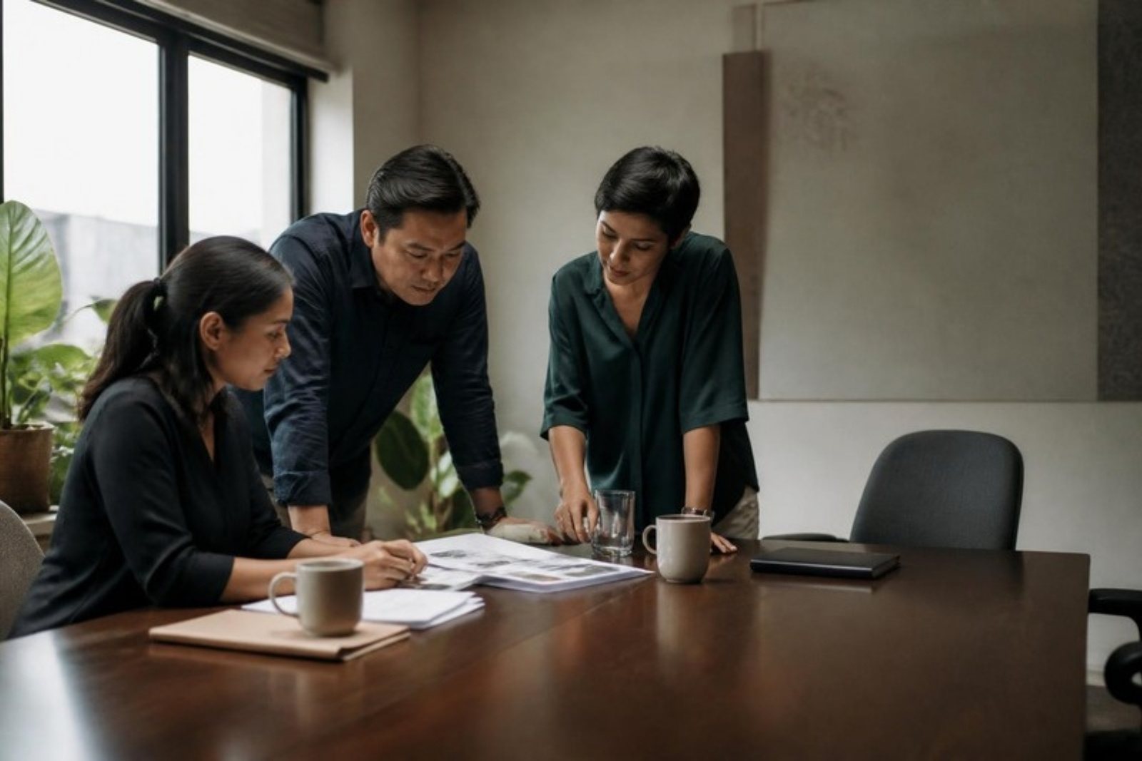 Three colleagues leaning over printed pages in a meeting room. One chair at the table is empty and pushed back.