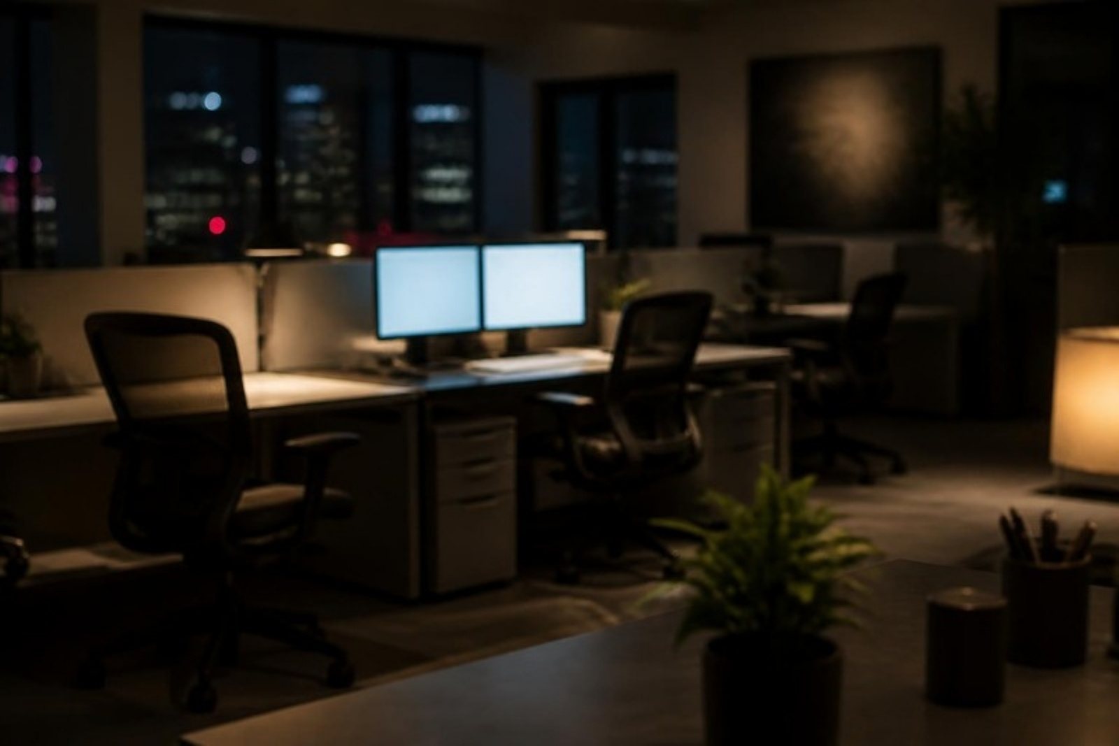 An empty open-plan office at night, chairs pushed in at unoccupied desks, two monitors still glowing.
