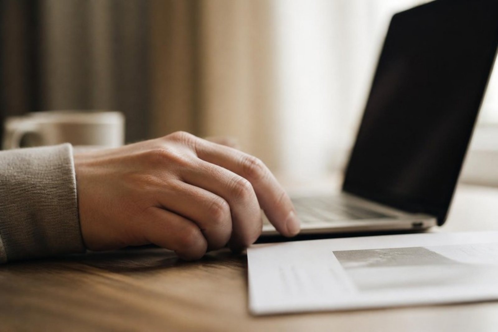 A close view at desk height of one hand beside a half-open laptop and a single printed page.